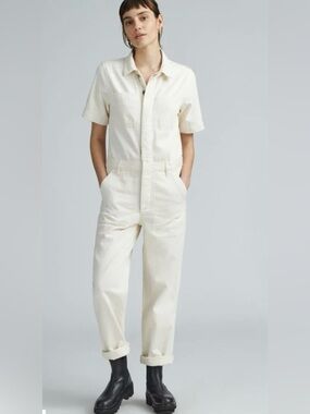 Everlane Short Sleeve Denim Coverall Jumpsuit Cream Bone Seeded Ecru Size 10